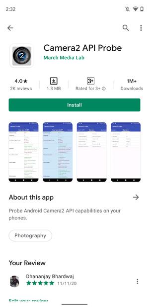 Camera2 API Probe app listing on the Google Play Store showing the install button