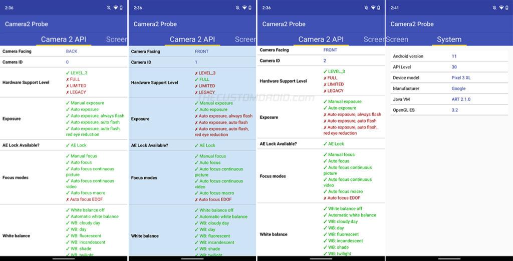 Camera2 API Probe app interface displaying camera hardware support levels on an Android device