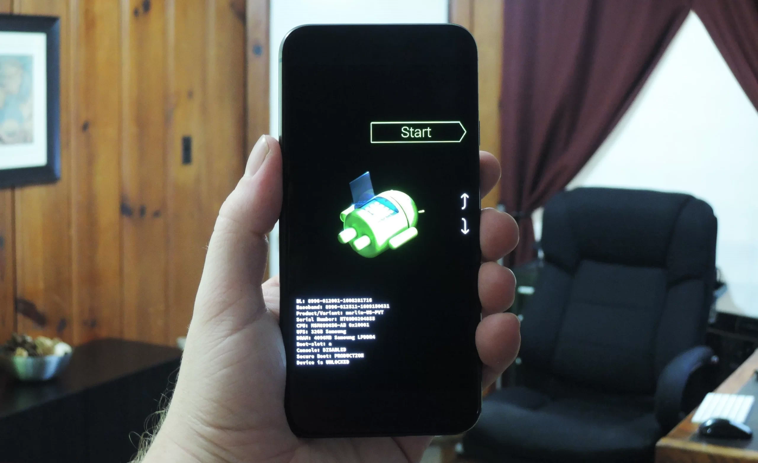 Android bootloader menu on a smartphone — select Recovery Mode to enter TWRP