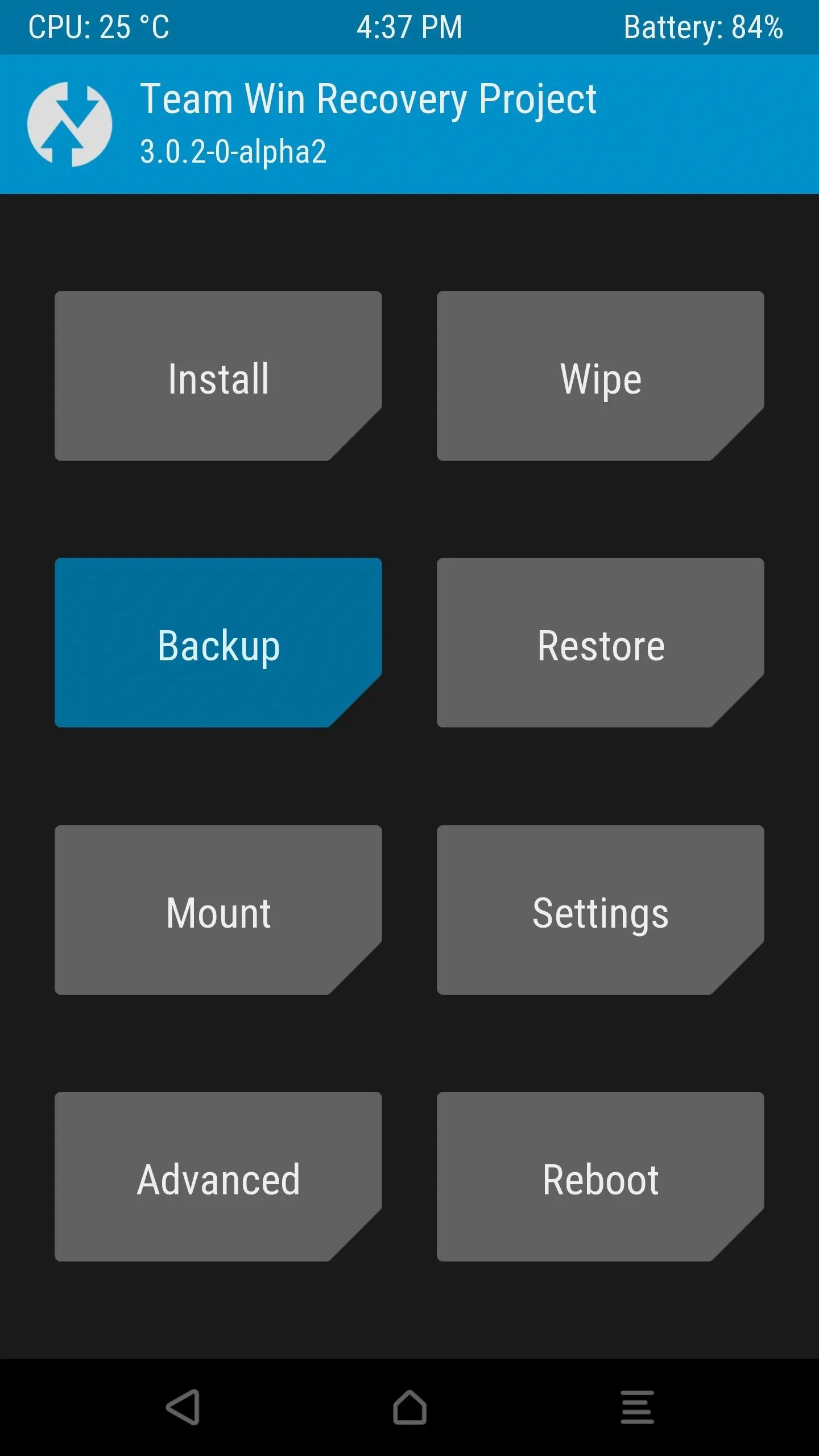 TWRP recovery home screen showing the Backup button option
