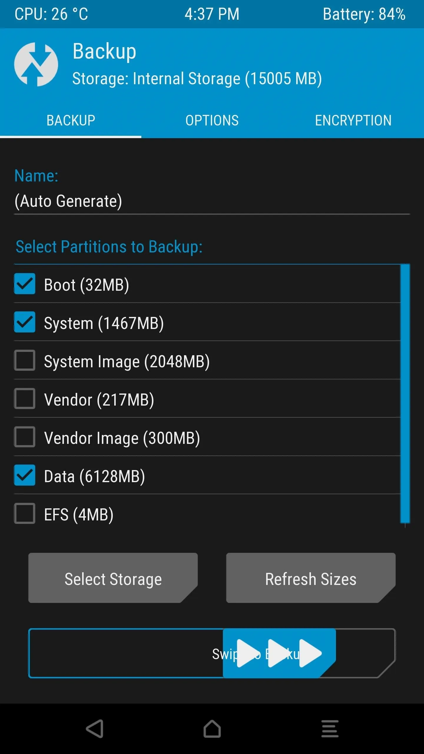 TWRP backup options screen showing Boot, System, and Data checkboxes selected