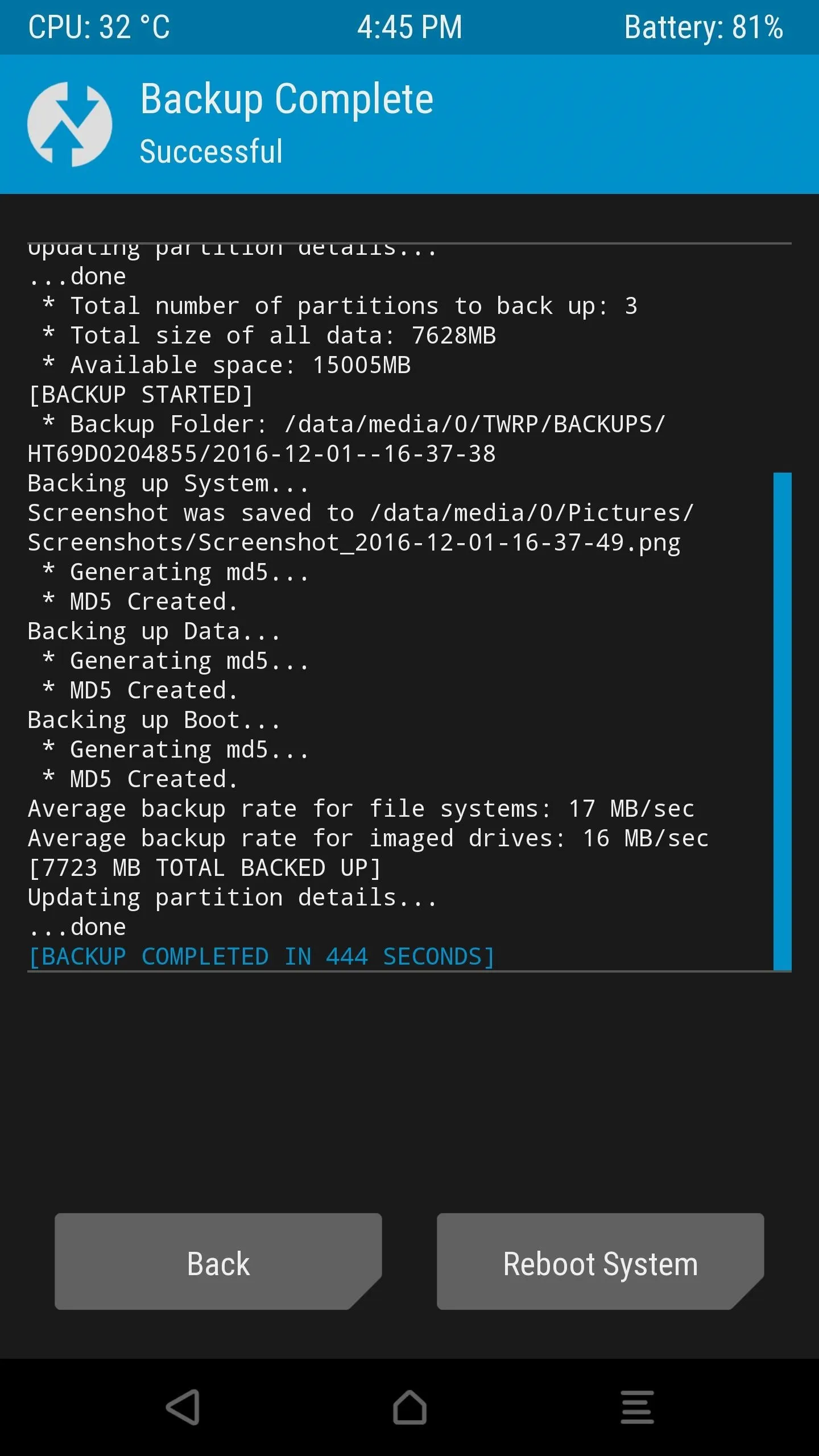 TWRP backup completion screen confirming the NANDroid backup finished successfully
