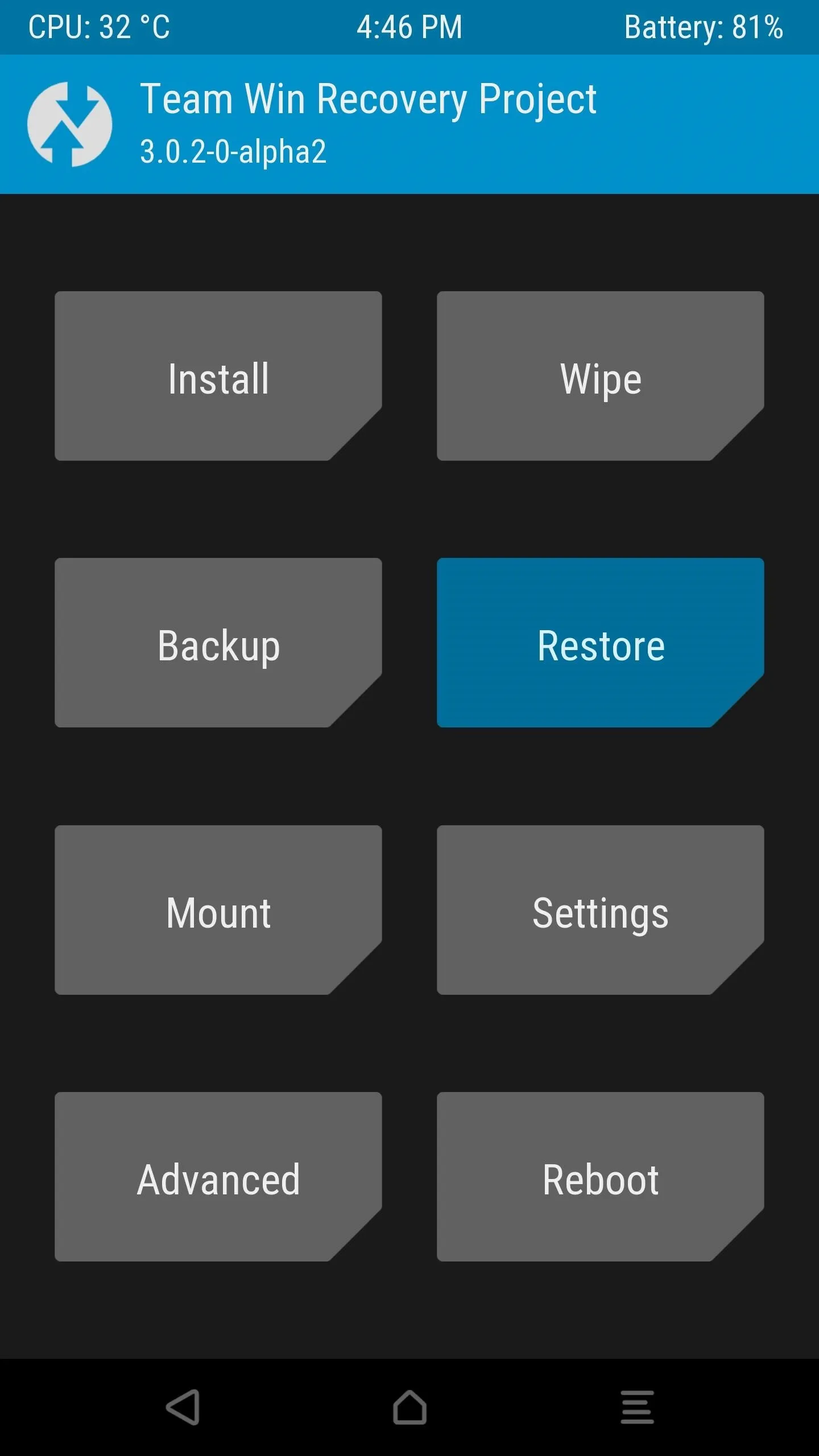 TWRP recovery interface showing the Restore button on the home screen