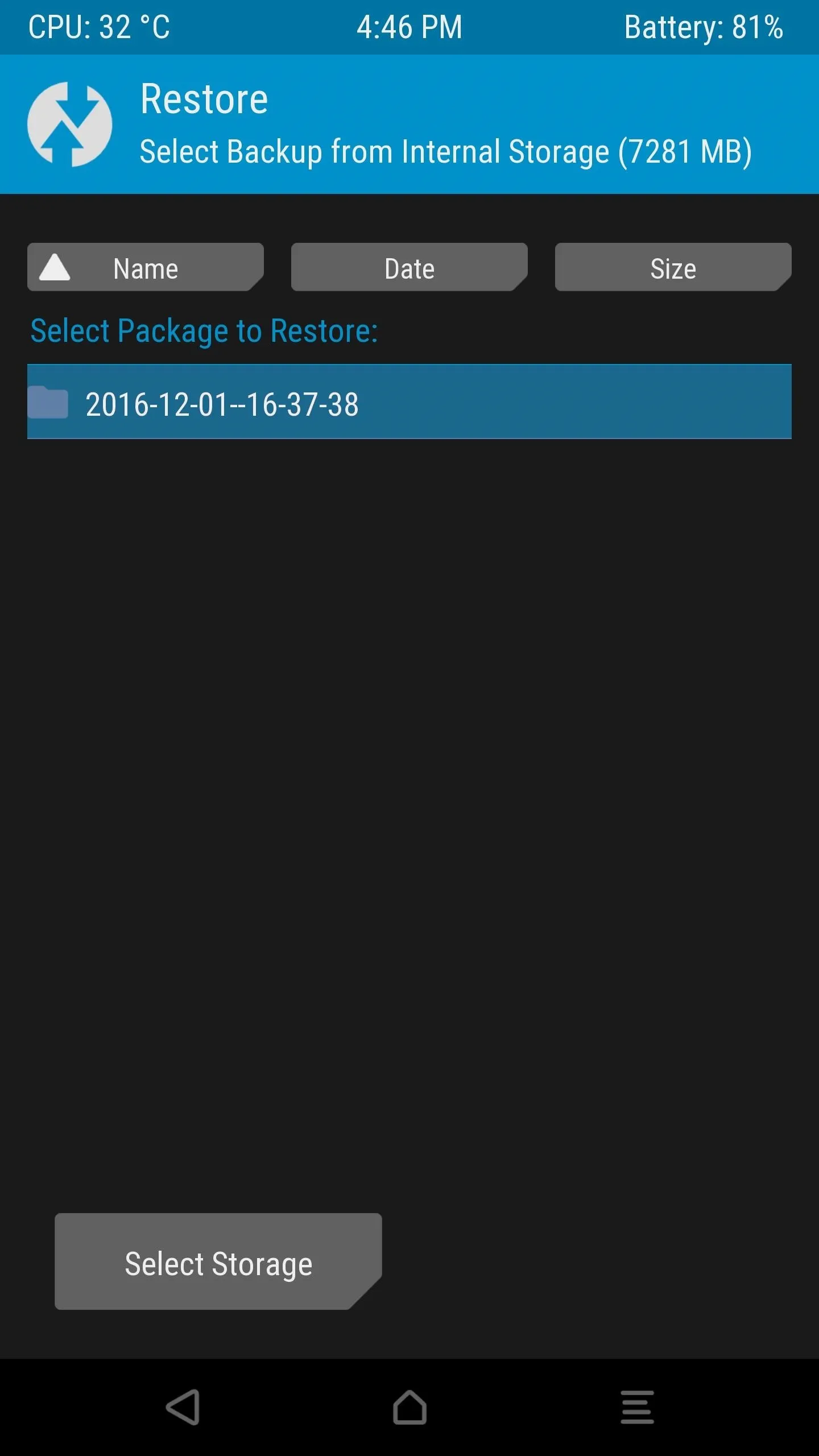 TWRP backup selection list showing available NANDroid backups by date