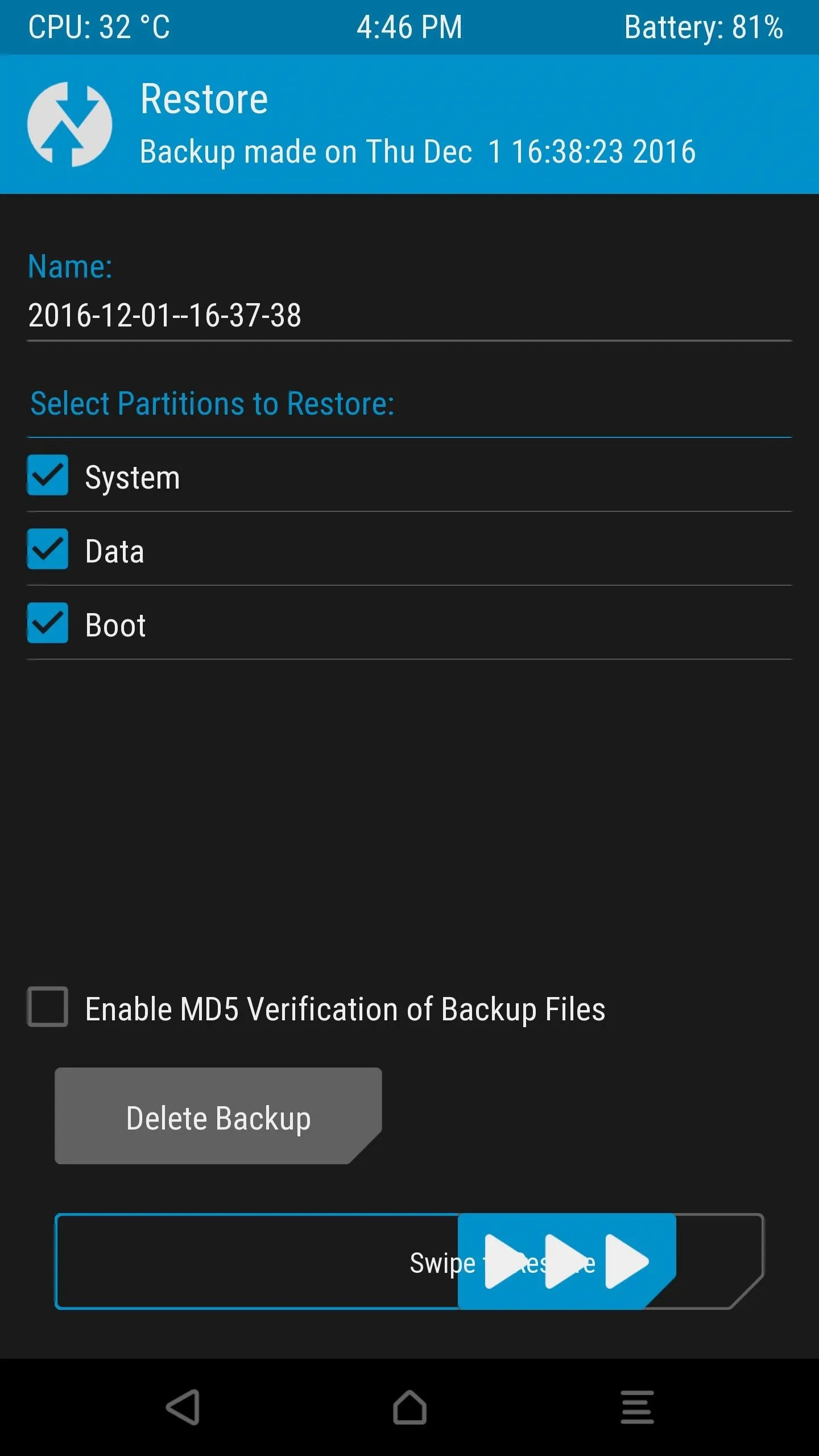 TWRP restore confirmation screen with System, Data, and Boot partitions selected
