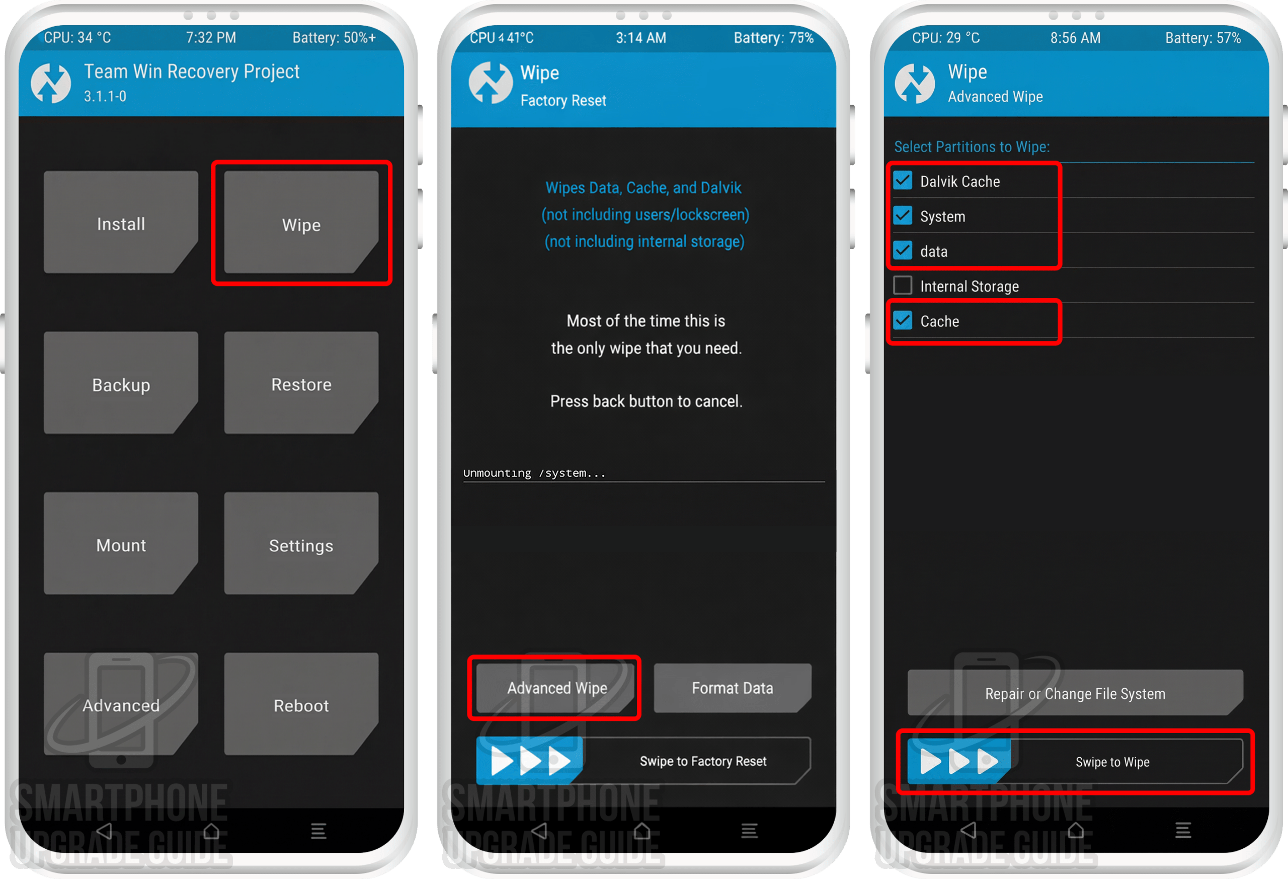 TWRP Advanced Wipe selecting Cache, Dalvik, System, and Data partitions on Redmi Note 10 Pro