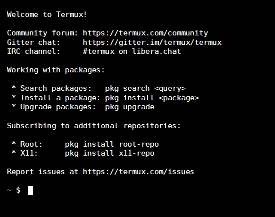 Termux Welcome Screen with command instructions