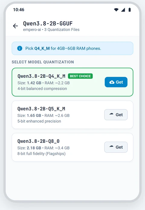 Selecting Qwen3.8-2B Quantization in PocketPal AI