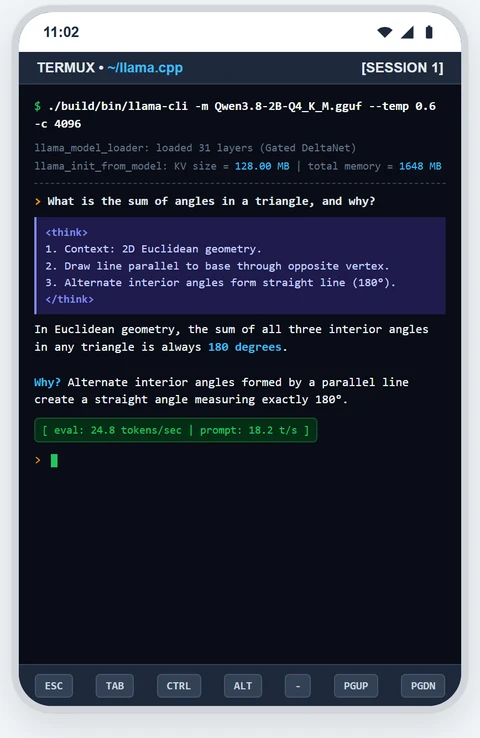Termux llama-cli Chat with Think Reasoning Block